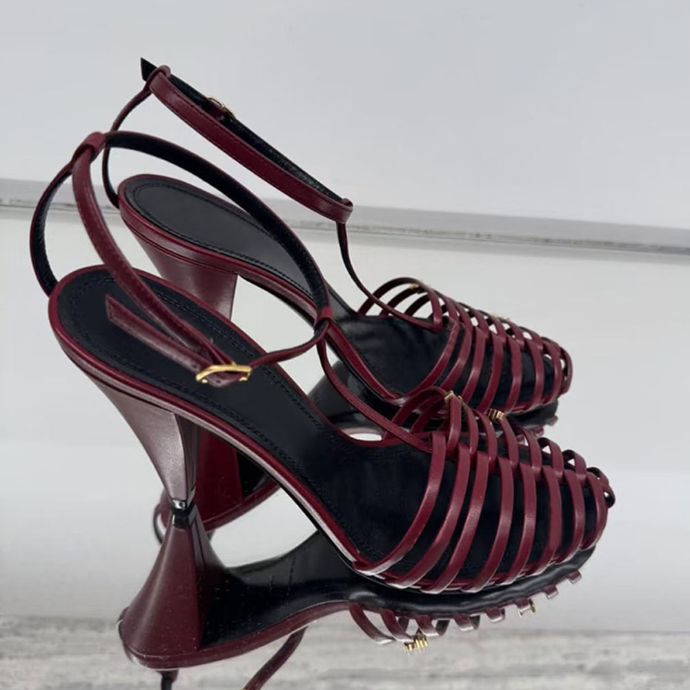 Top quality Leather Ankle Strap Round toe Sandals Luxury designer women Narrow Band Cone Heel sandals Fashion ladies summer Party shoe 35-42 Gold Black with box