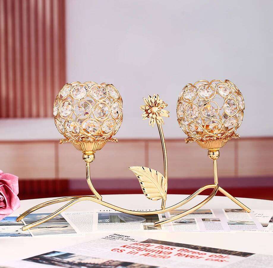 1pc Golden Crystal Candle Holder Dual-head Flower Candlesticks for Dining Coffee Table Wedding Events Parties Home Decor Y260131
