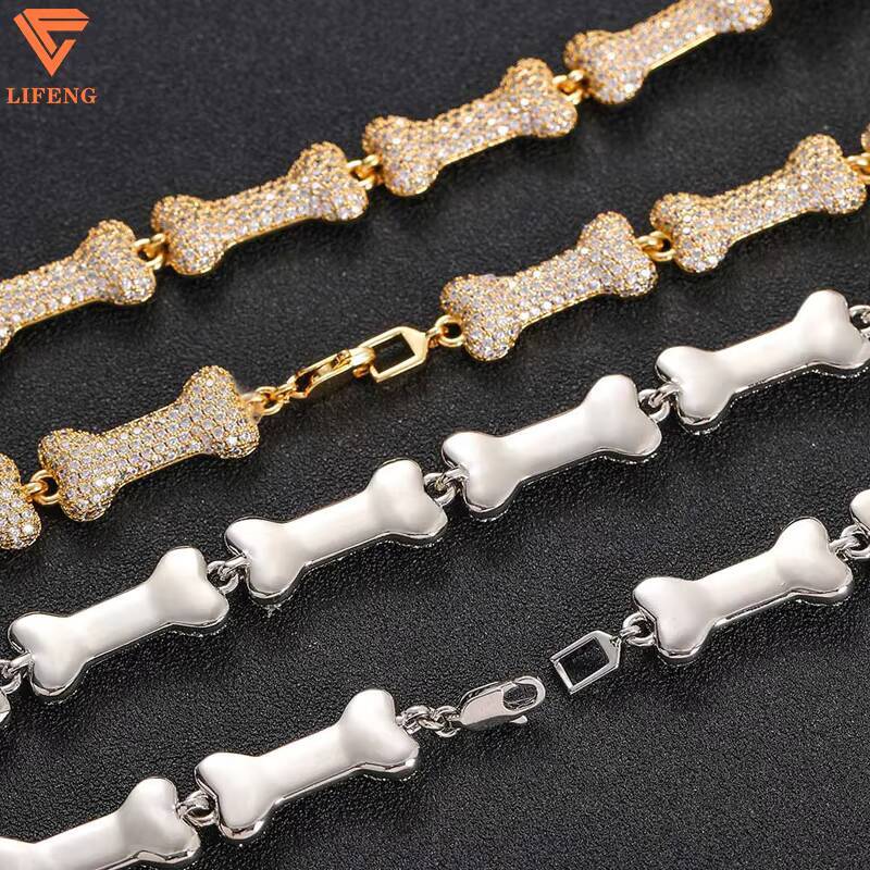 Hot Sales Fashion Jewelry 10mm Width 925 Silver Iced Out VVS Moissanite Cute Dog Bone Shaped Bling Thin Cuban Chain Bracelet Men