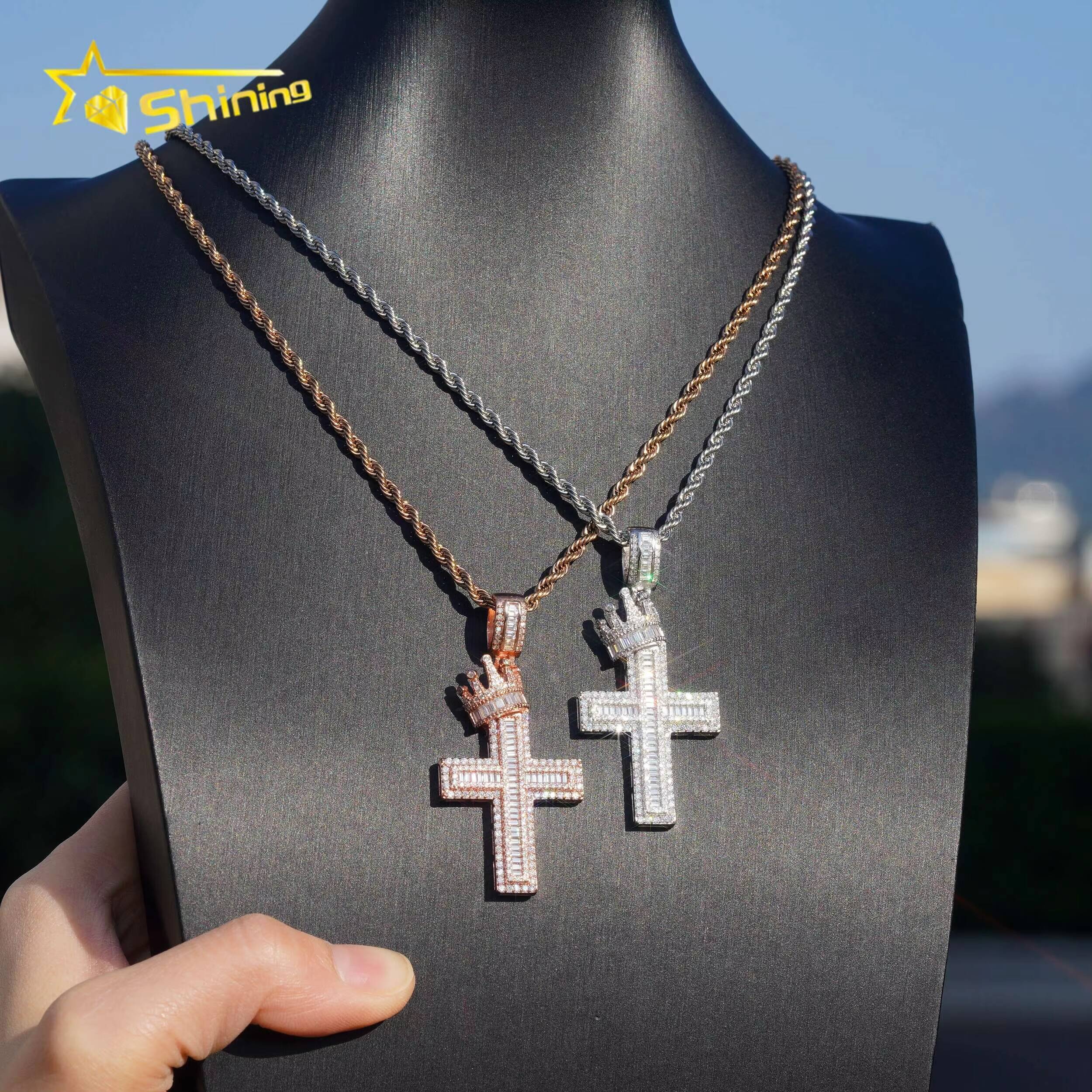 USA Local Stock Fast Shipping Cross Charm Rose Gold Plated 925 Sterling Silver Baguette Moissanite Hip Hop Iced Out Pendant