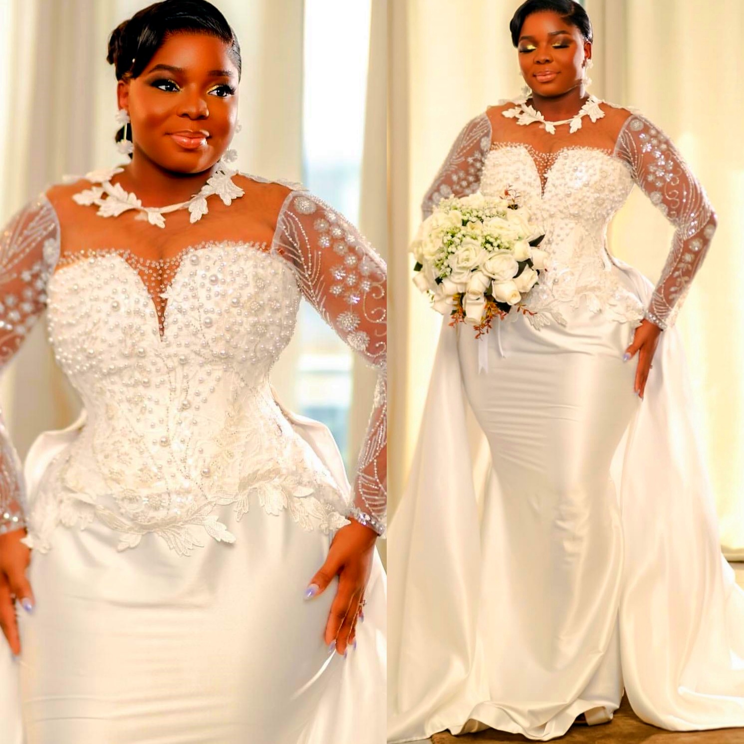 African Aso Ebi 2026 Ivory Mermaid Wedding Dress Lace Pearls Sheer Neck Satin Detachable Train Elegant Vintage Bridal Gowns Dresses ZJ267