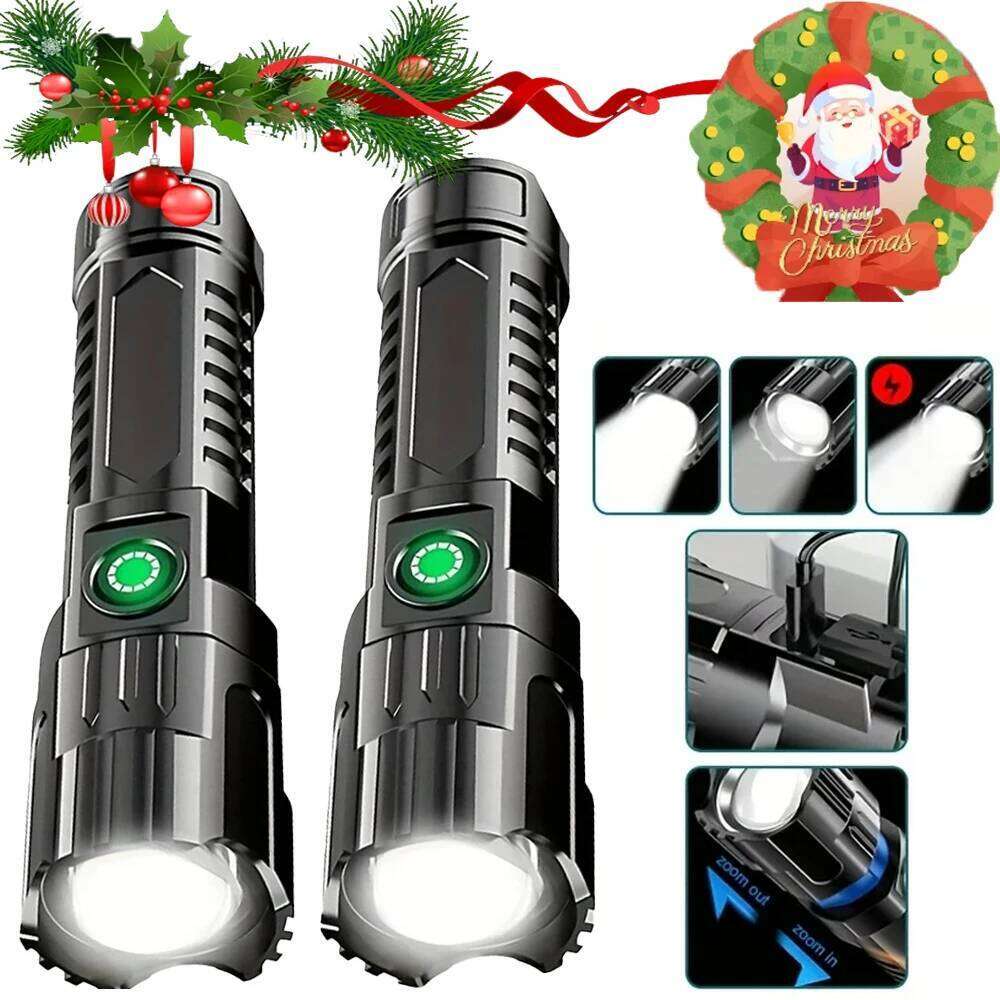 Powerful LED Flashlight USB Rechargeable Torch Super Bright Zoomable 3 Lighting Modes Camping Hiking Lantern Emergency Lamp H260131