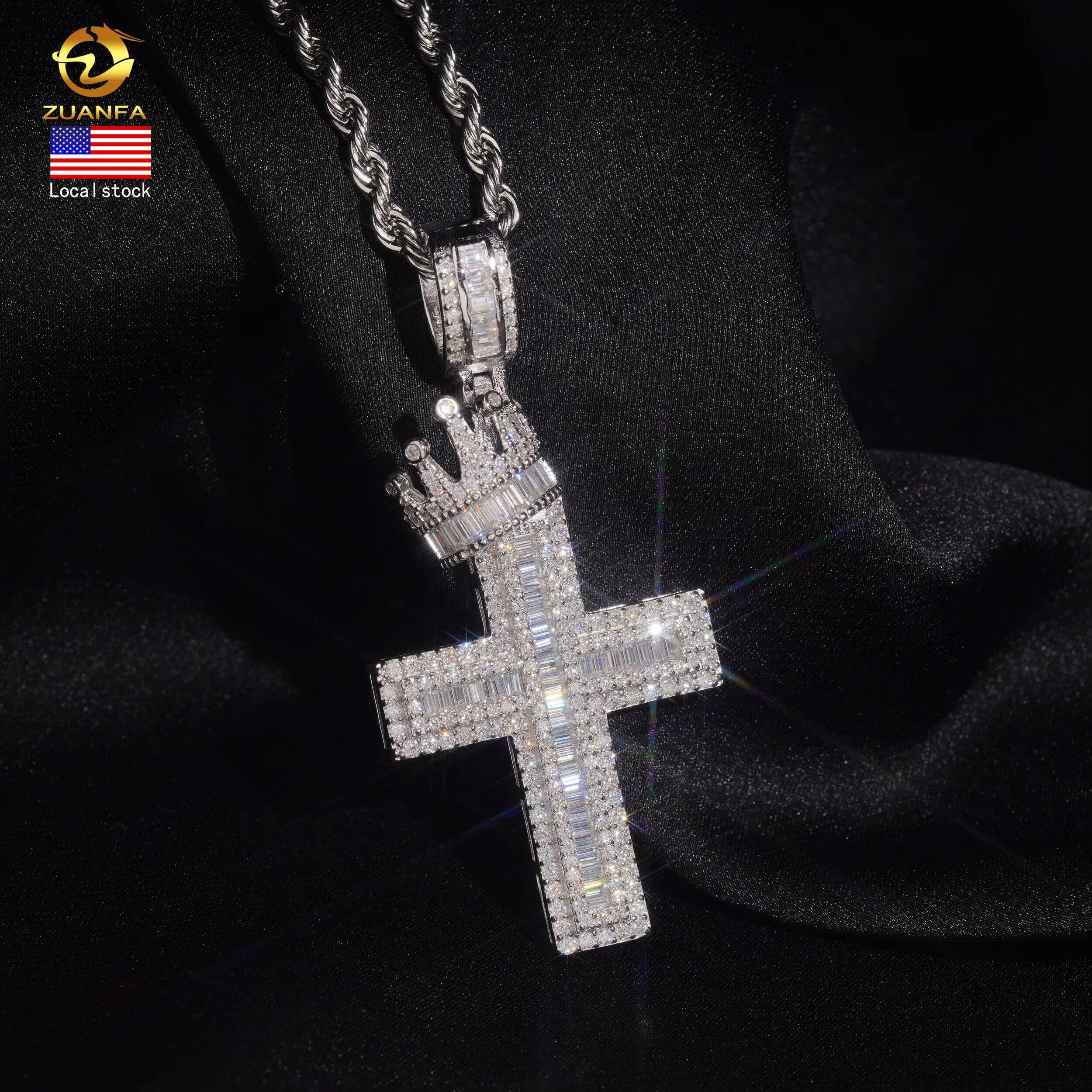 USA Local Stock Moissanite Hip Hop Jewelry Cross Iced Out Pendant 925 Sterling Silver Moissanite Cross Pendant Charm