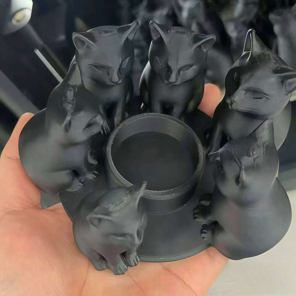 3D Printed Black Candle Holder Cat Figurine Circle Decor Creative Home Desktop Ornament Gift | Modern Minimalist Style Y260131