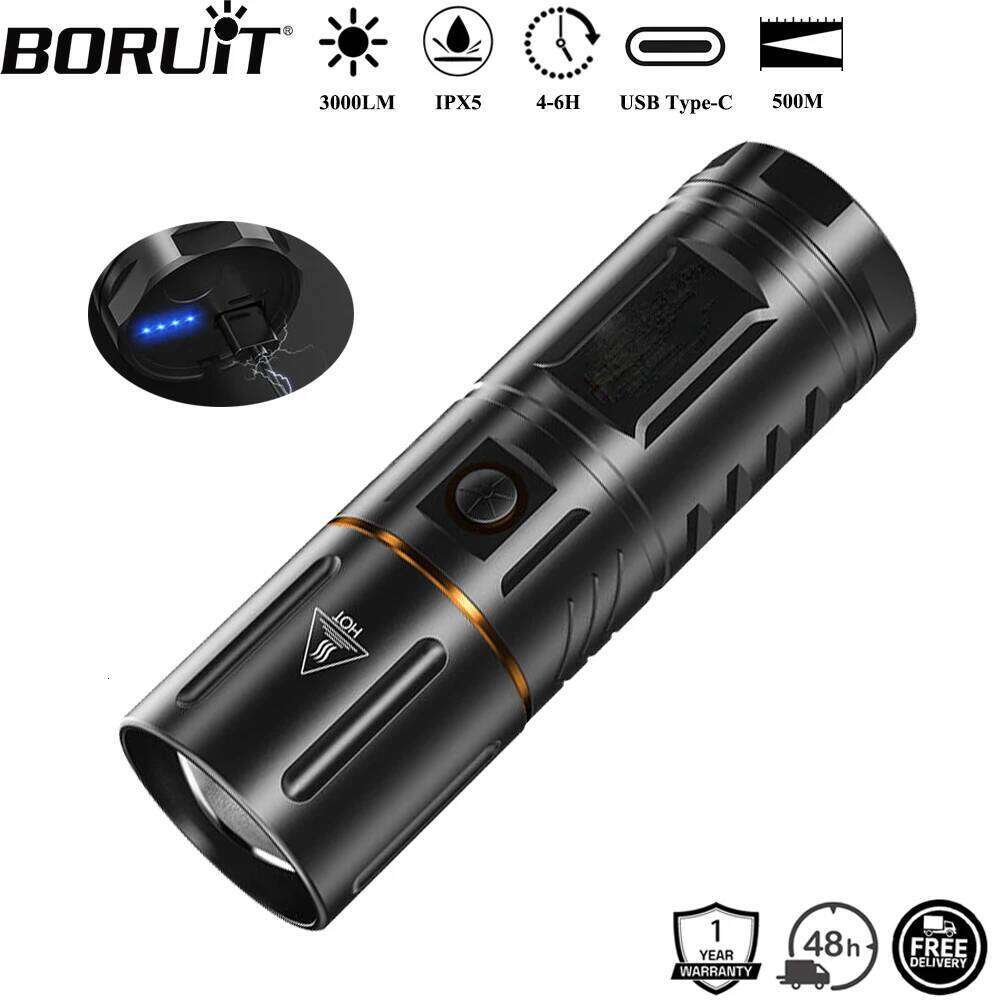 BORUiT 500M Long Throw 3000LM LED Zoom Flashlight Type-C Rechargeable Power Bank Torch IPX5 Waterproof Camping Hunting Lantern H260131