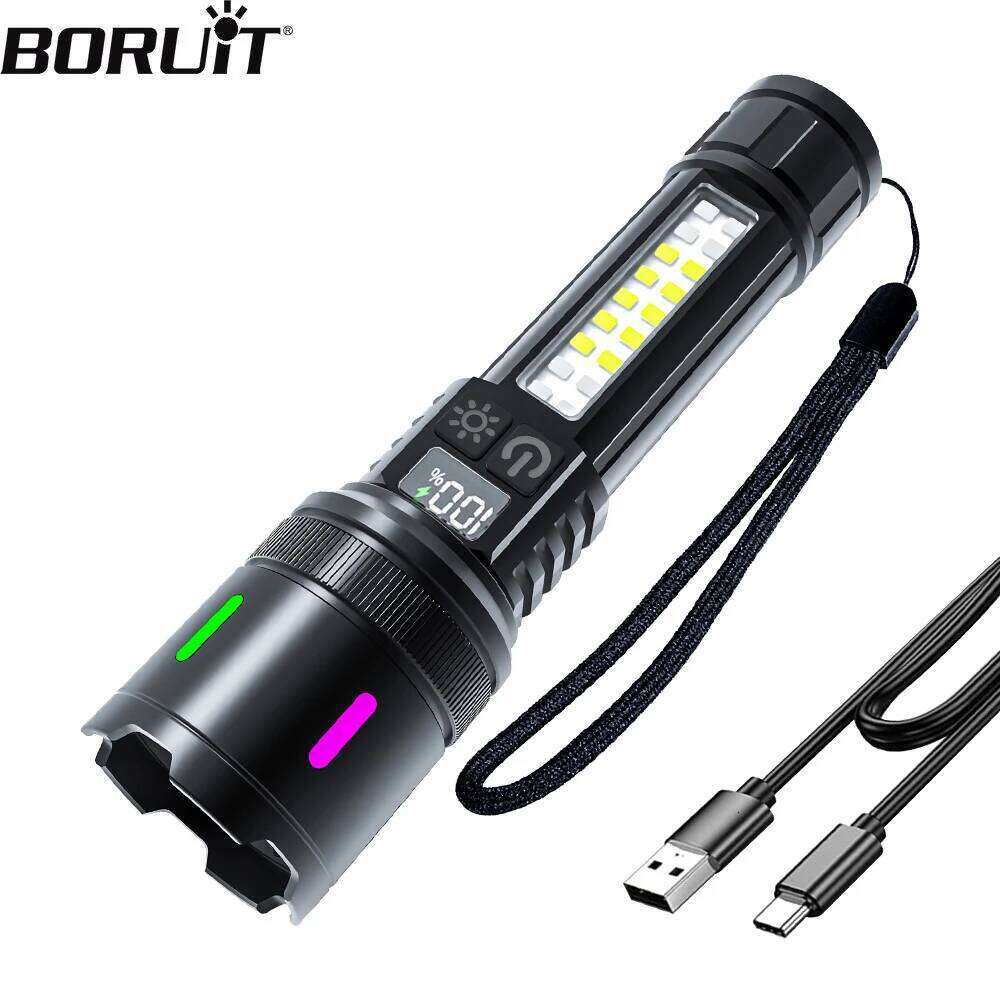 BORUiT Powerful 1000LM LED COB Telescopic Zoom Torch USB C Rechargeable Flashlight Camping Lantern Built-in Battery H260131