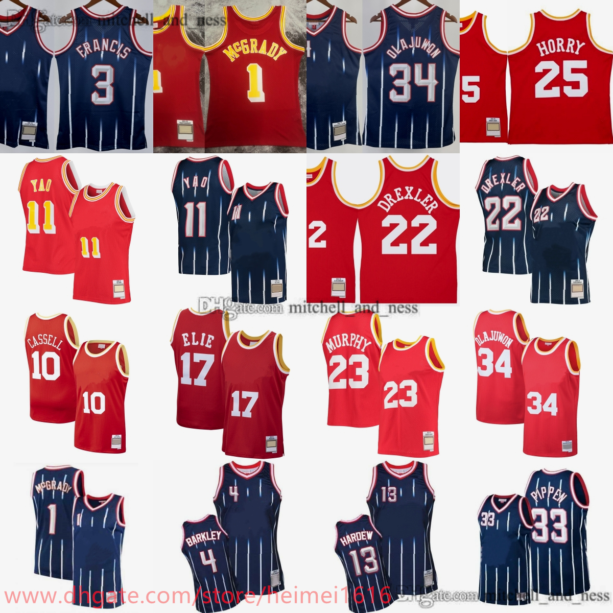 Printed MN Mesh 1996-97 Basketball 34 Hakeem Olajuwon Jersey Classic Retro Yao McGrady 3 Steve Francis 4 Charles Barkley 33 Scottie Pippen 22 Clyde Drexler Elie Harden
