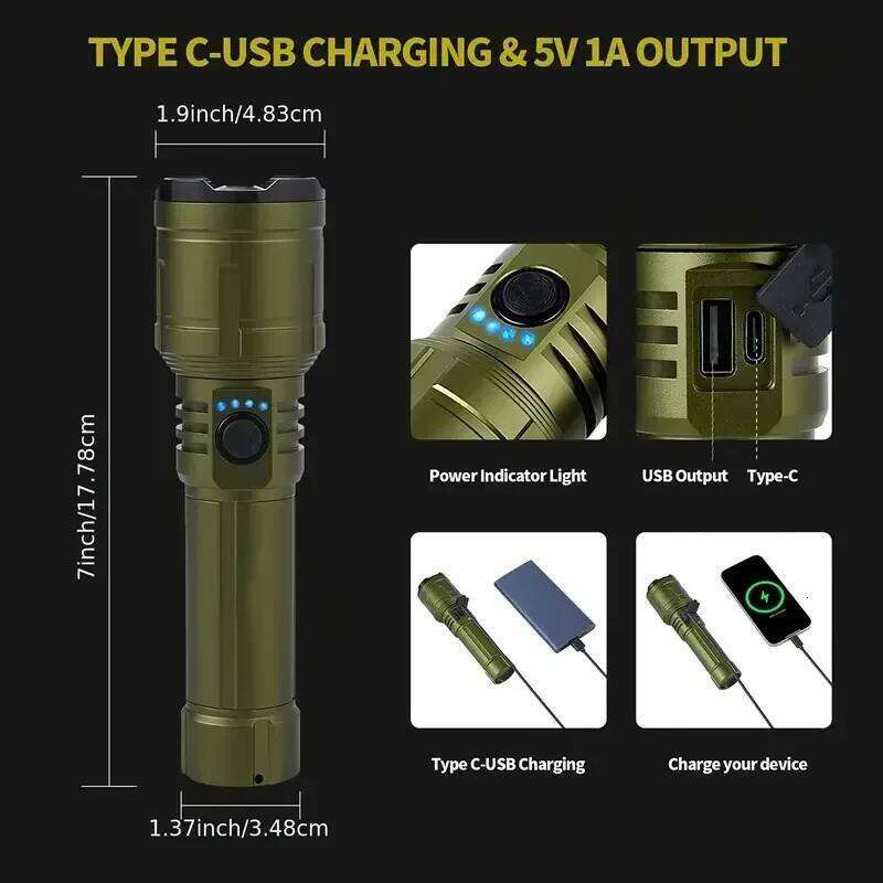 Powerful LED USB C Rechargeable with Fresnel Lens Flashlight Super Bright Aluminum Zoom Torch Emergency Power Bank H260131