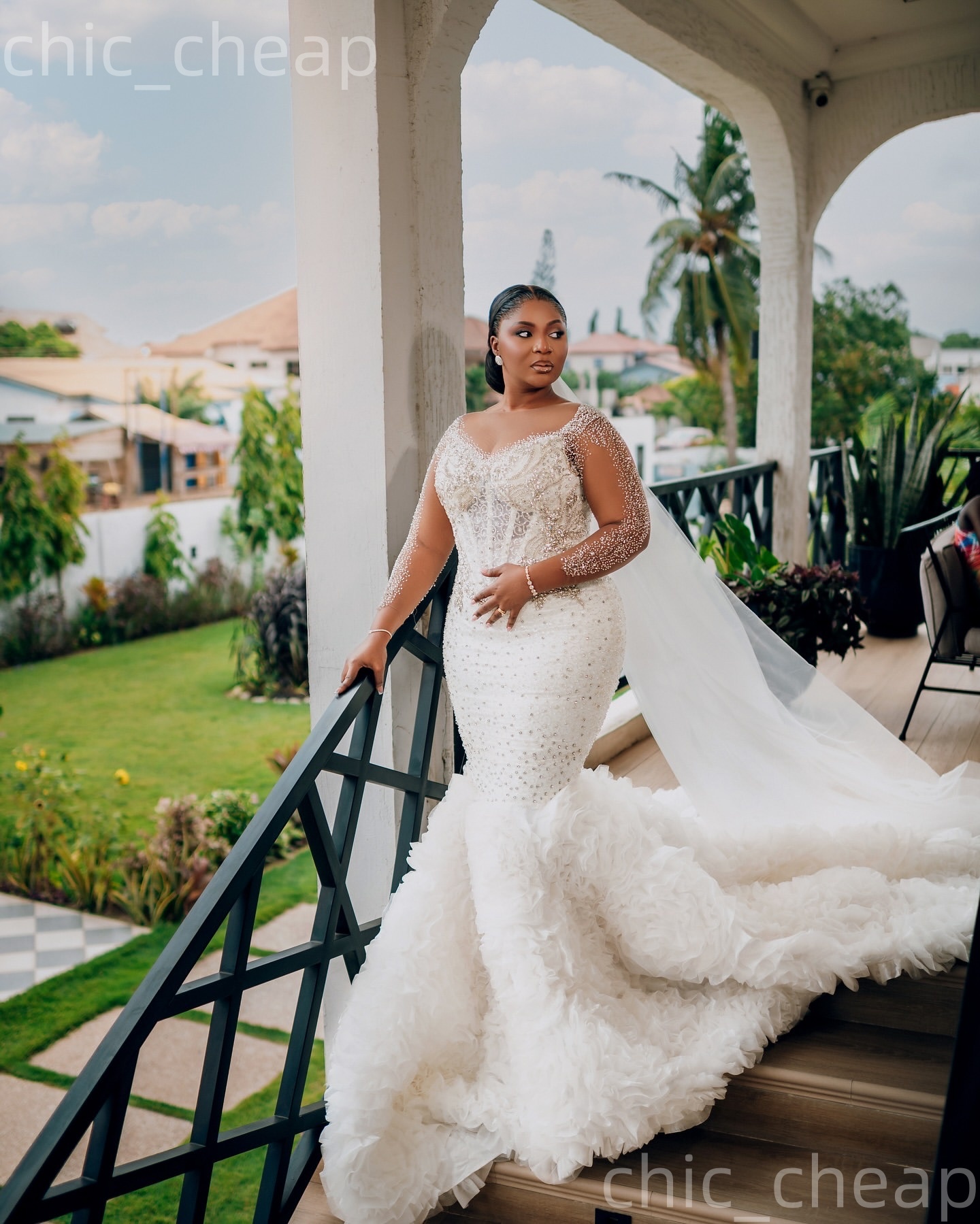 African Aso Ebi 2026 Ivory Mermaid Wedding Dress Lace Beaded Crystals Tiers Sheer Neck Full Sleeves Vintage Elegant Bridal Gowns Dresses ZJ269