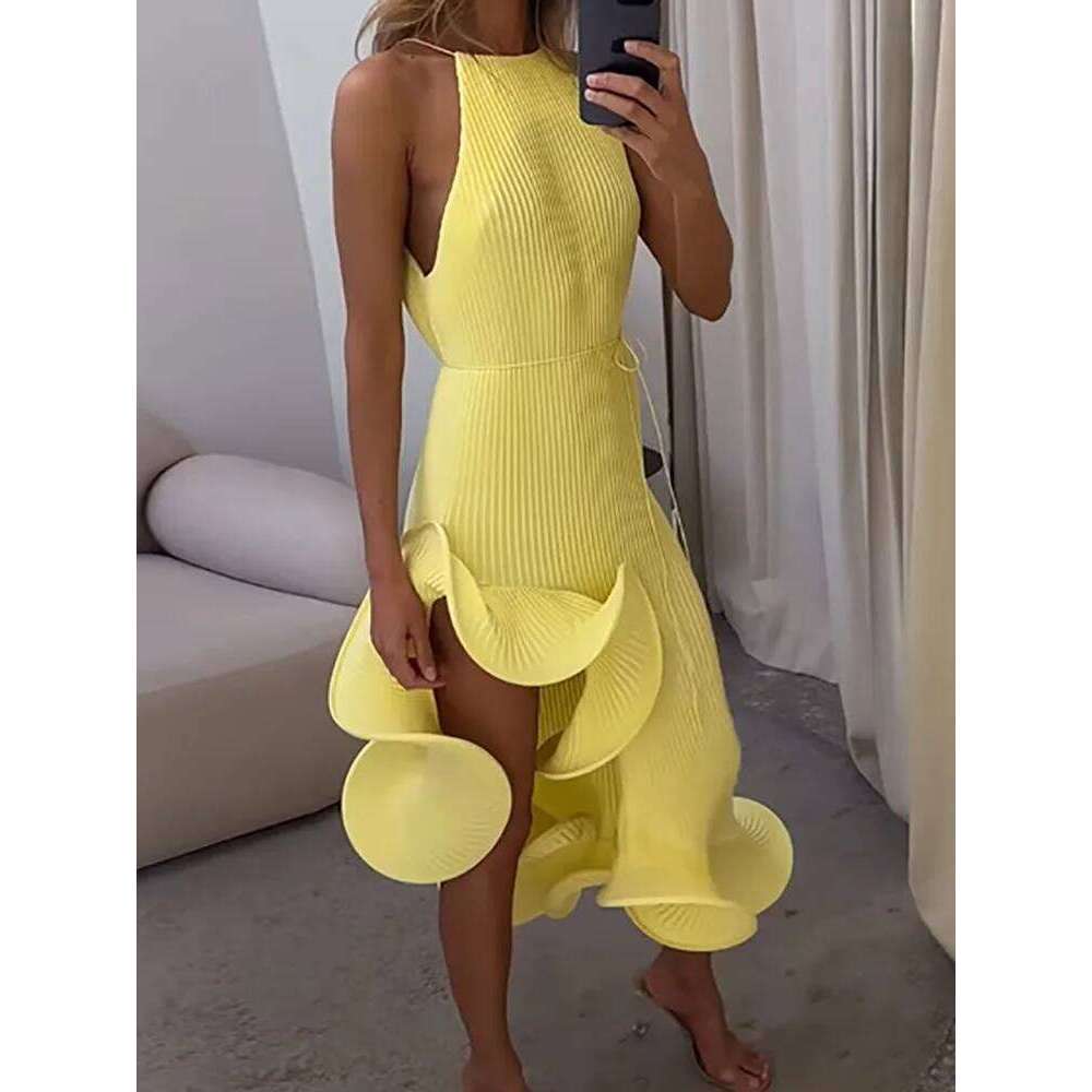 Round Neck Solid Patchwork Irregular Women Summer Off The Shoulder Fashion Party Dress, Sleeveless Elegant Ladies Dresses LEEGO LENS