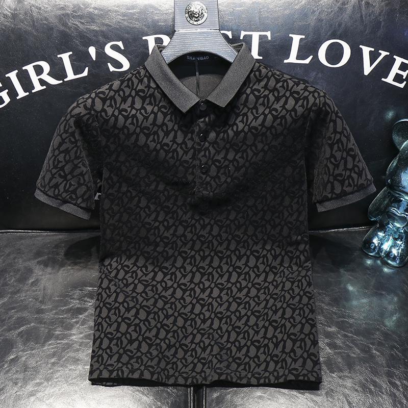 2026 New Versatile lapel short-sleeved polo shirt men's summer flocked print slim business half-sleeve polo shirt