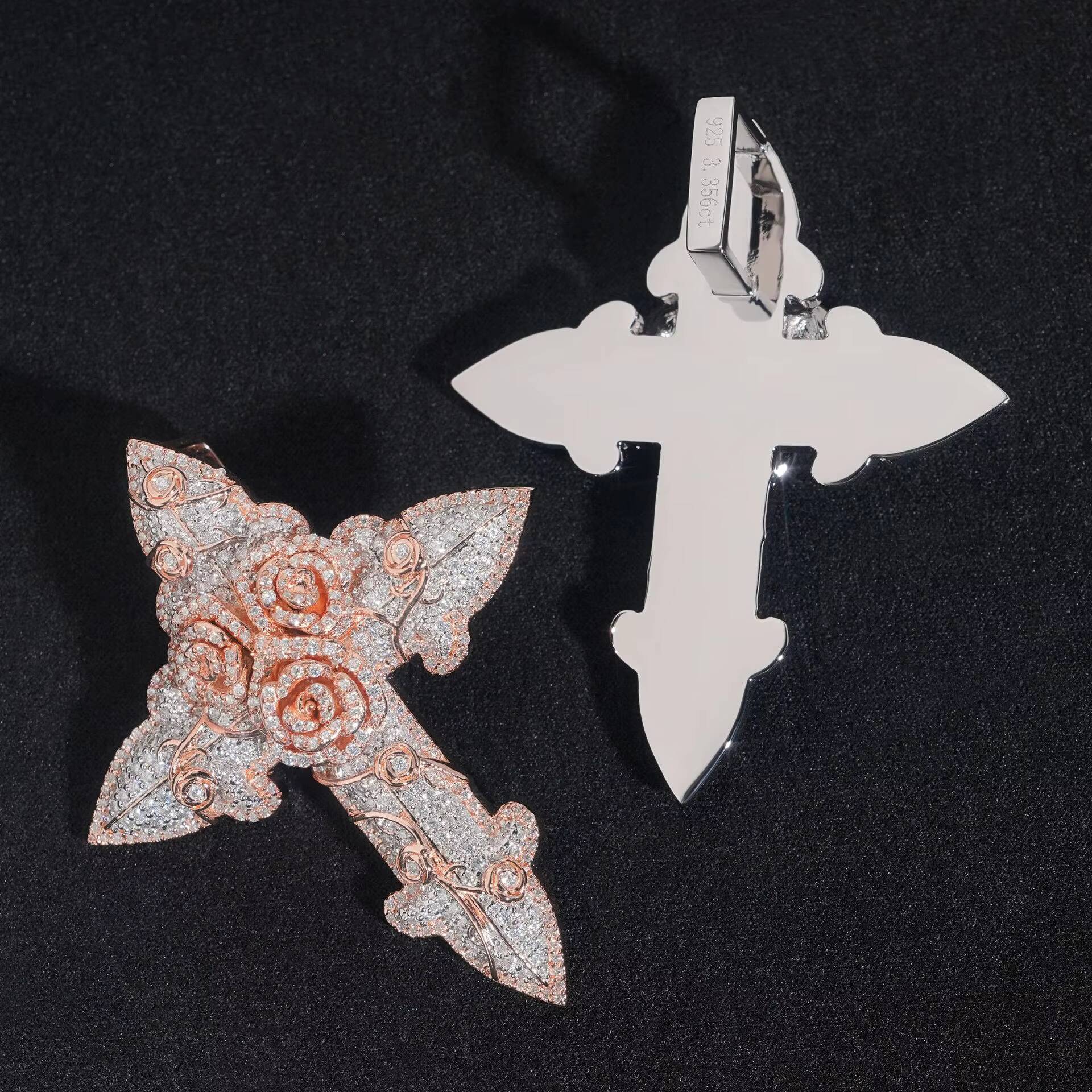 Fine Jewelry Pass Diamond Tester Rose Cross Charm Iced Out 925 Sterling Silver VVS Moissanite Cross Diamond Pendant