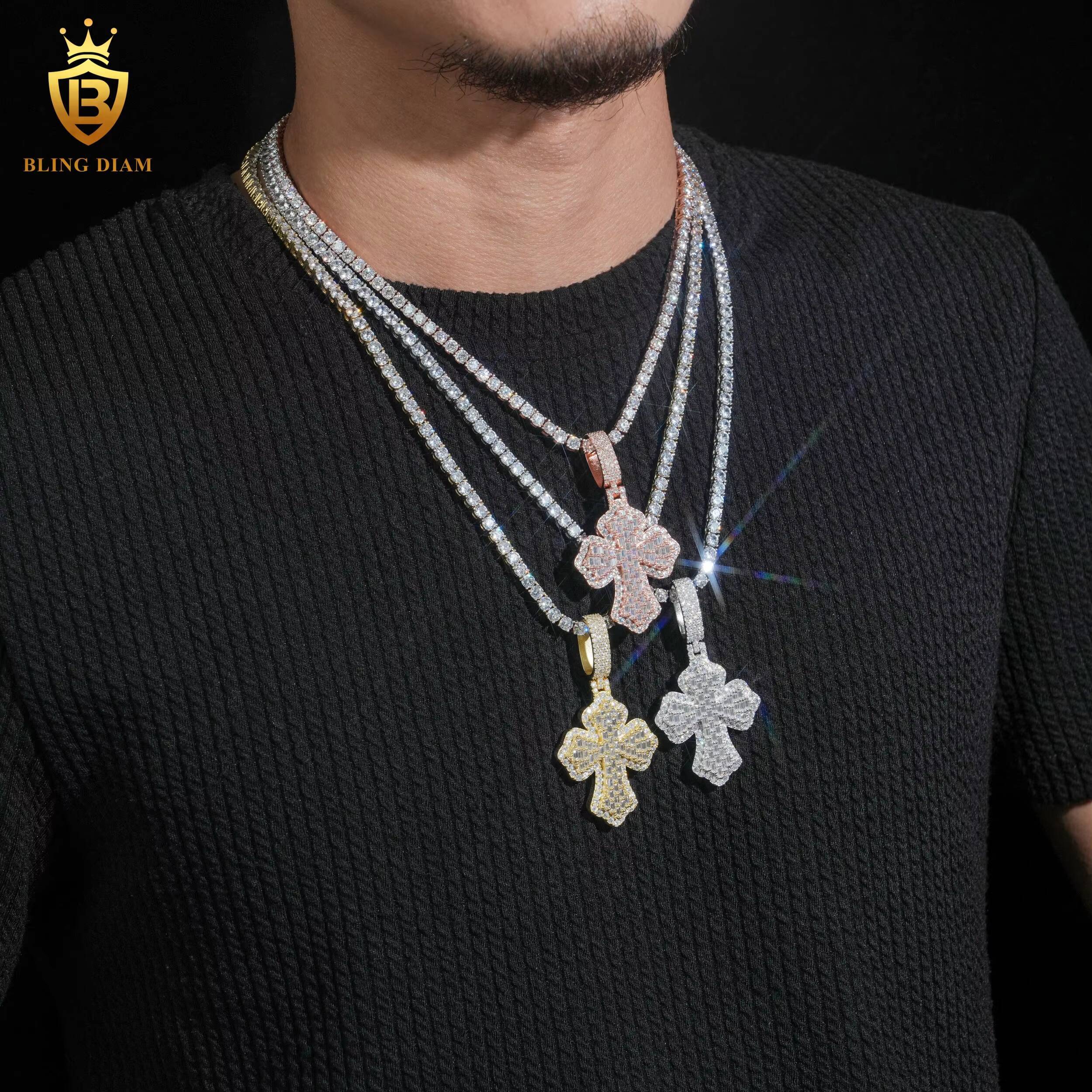 Luxury Jewelry Rose Gold Moissanite Pendant Hip Hop Pastes Diamond Tester 925 Sterling Silver Baguette Cut Cross Diamond