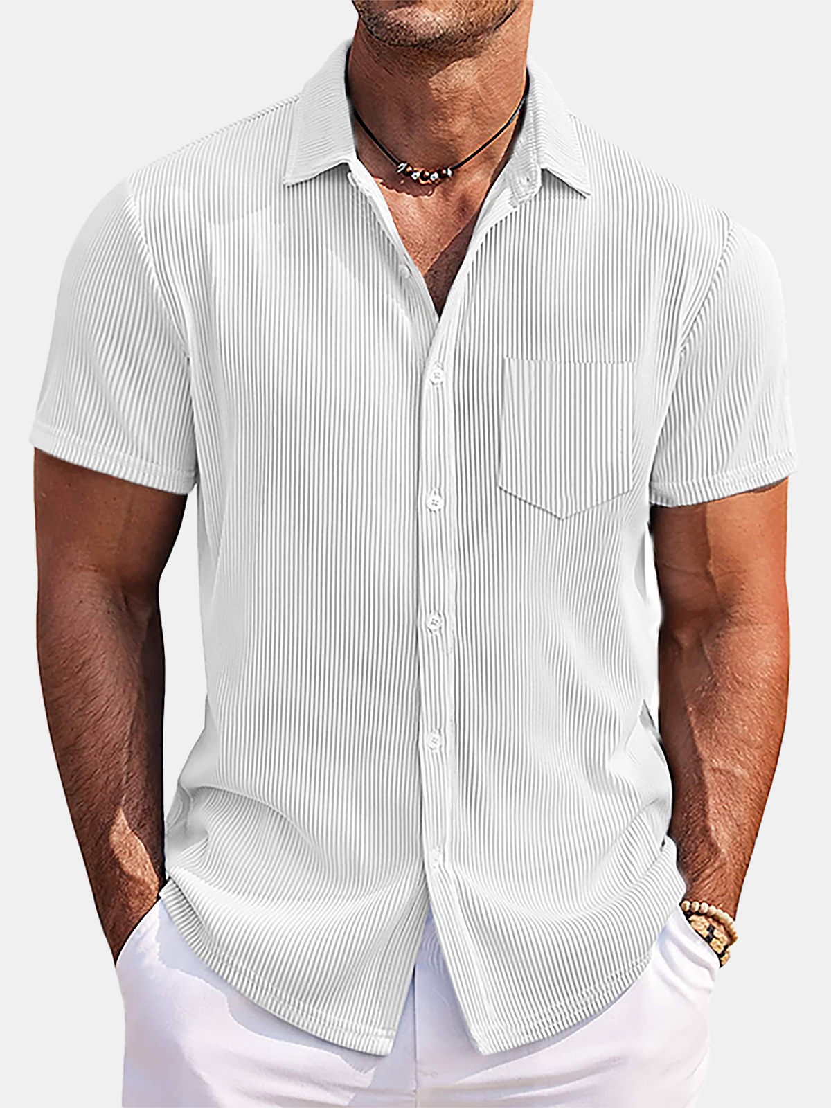 2026 New Men's comfortable and versatile vertical striped cotton and linen shirt short sleeve high-end loose cardigan men's clothing