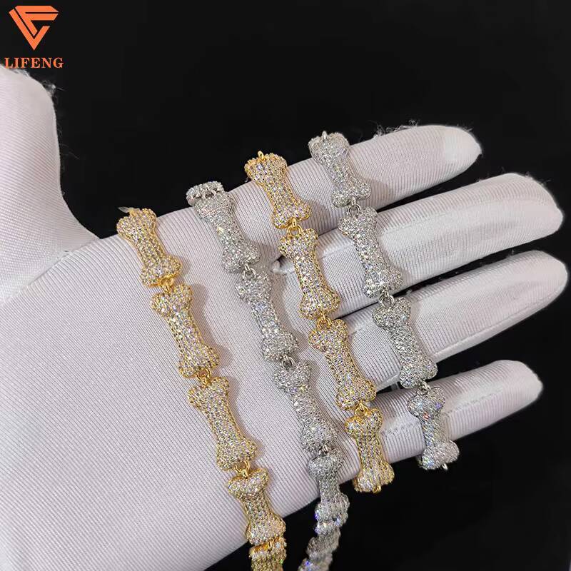 Hot Sales Fashion Jewelry 10mm Width 925 Silver Iced Out VVS Moissanite Cute Dog Bone Shaped Bling Thin Cuban Chain Bracelet Men