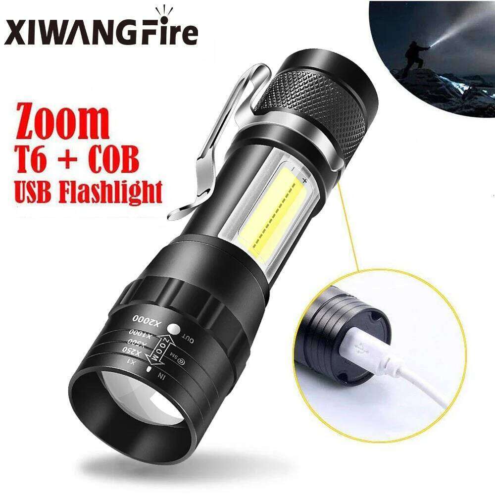 COB Light Rechargeable Portable LED Flashlight Built-in Battery Zoom Flash light 3 Mode Waterproof Emergency Torch H260131