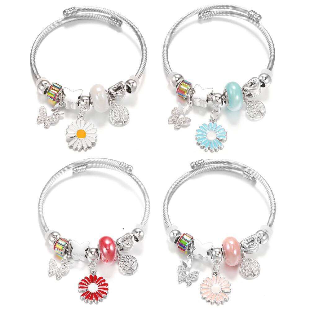 New Rhinestone Butterfly Pendant Stainless Steel Beaded 4 Colors Painted Flowers Closure Bangles Bracelet Women Jewelry H260202