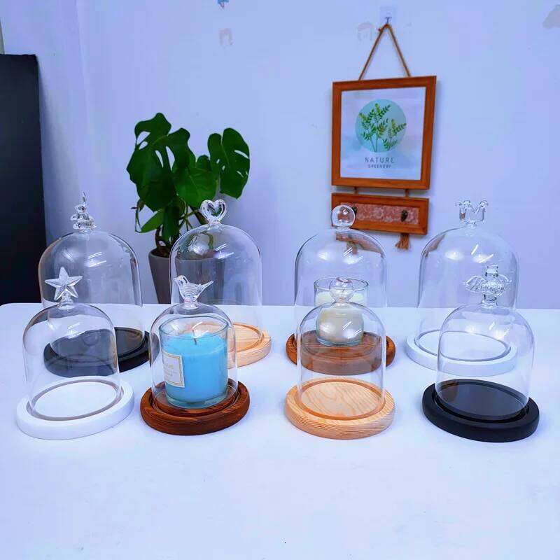 Holder Ornaments Dust-proof Glass Wooden Base Aromatherapy Candle Cover Display Box Home Decoration Y260131