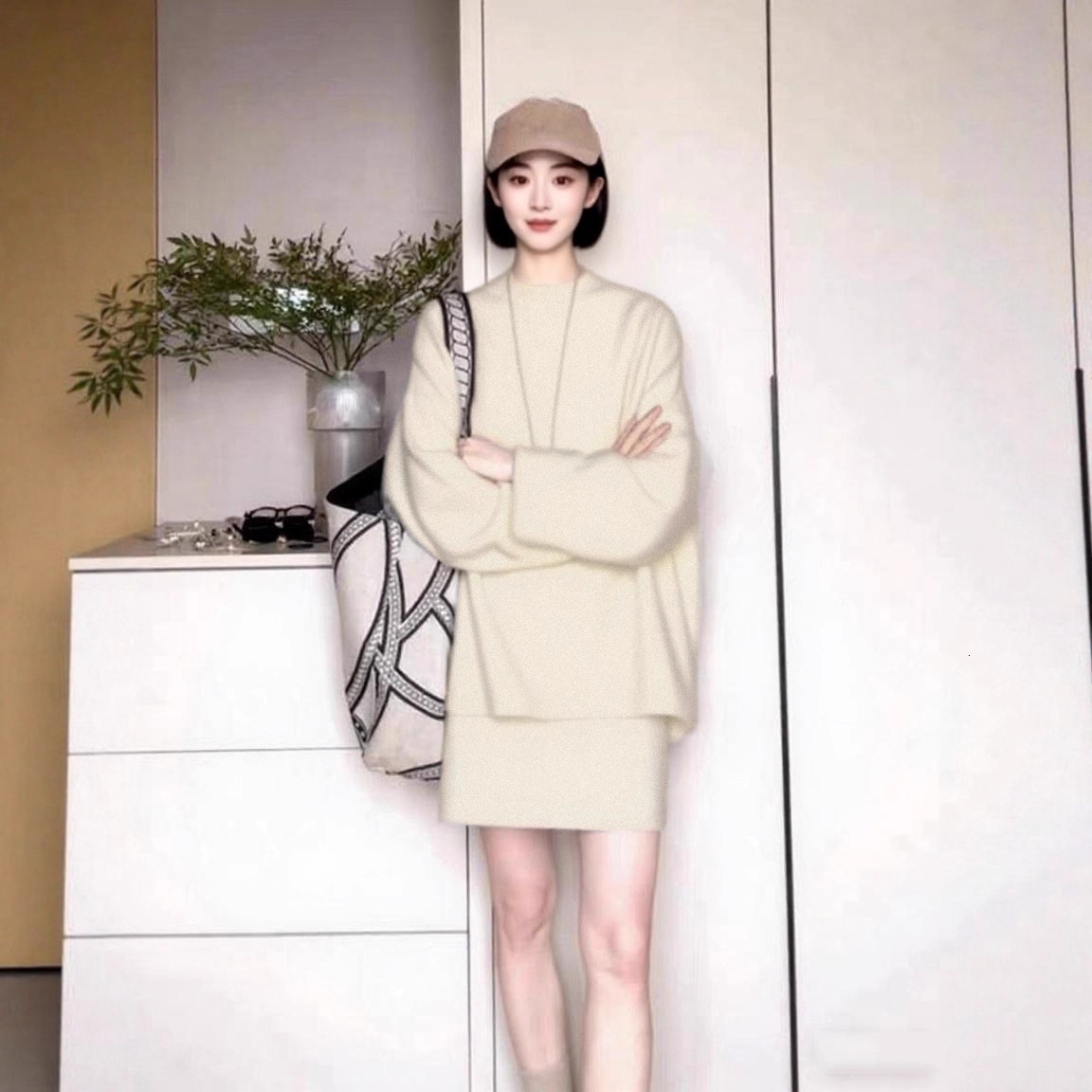 Fashion Grey Mohair Knitted Sweater 2 Pieces Skirt Sets Women Chic Oversized O-neck Cropped Pullover Suits Lady Commute Outwear 241019