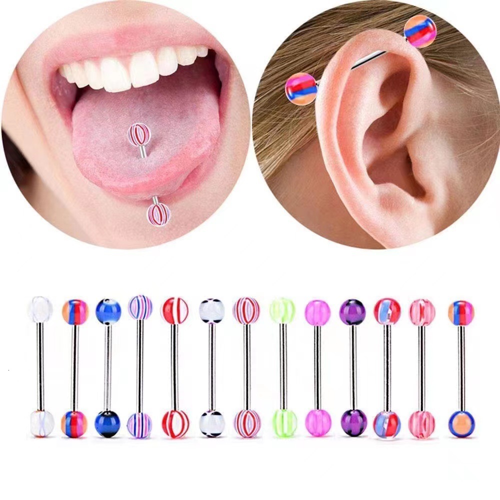 Acrylic Tongue Stud Tongue Ring Stainless Steel Mixed Color Piercing Jewelry 240409