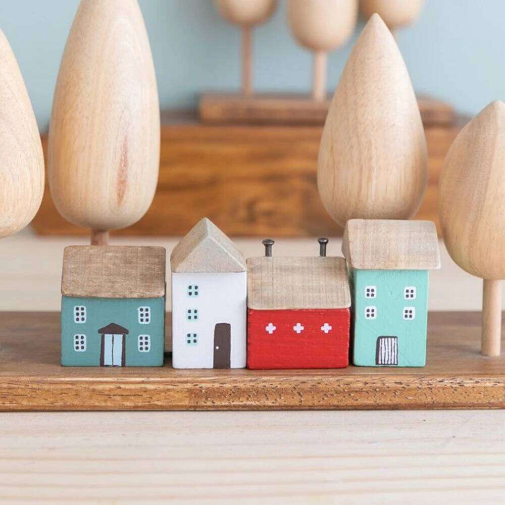 4Pcs Small Wooden House Ornament Miniature Building Table Desktop Home Decor Items Nordic Style Crafts Birthday Gifts for Women Y260202