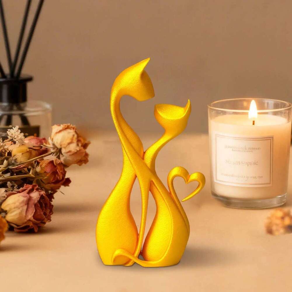 gold black Loving Kiss Dating Couple Cats Statue Retro Heart Elements Animal Room Decoration Cat Sculpture Y260202