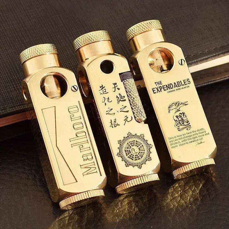 New Luxury Heavy-duty Trench Shaped Brass with Laser Carved Hexagonal Patterns Personalized Retro Lighter for Collection W260202