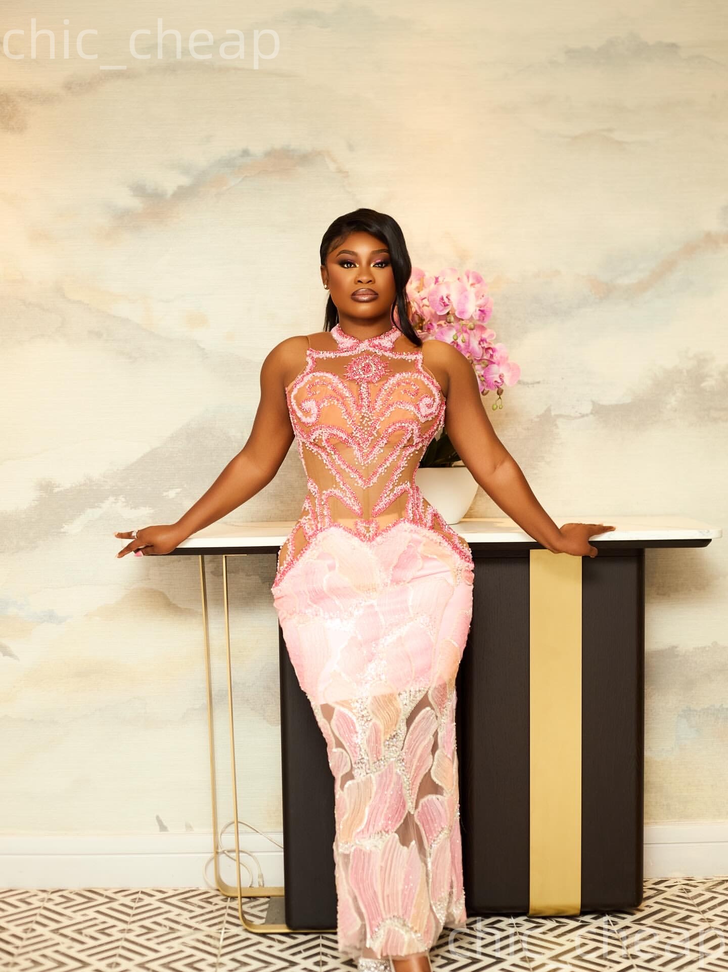 Aso Ebi Pink Sheath Prom Dresses 2026 Floral Lace Beaded Crystals Illusion Evening Formal Party Second Birthday Engagement Gowns Dress For Special Occ