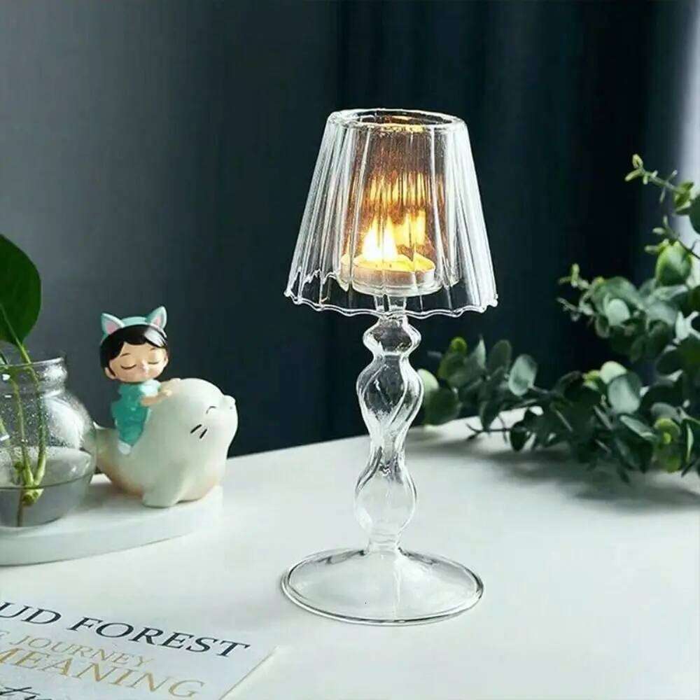 Glass High Footed Striped Candlestick Creative Delicate Lamp Shaped Candle Holder Romantic Transparent Craft Candelabra Holiday Y260131