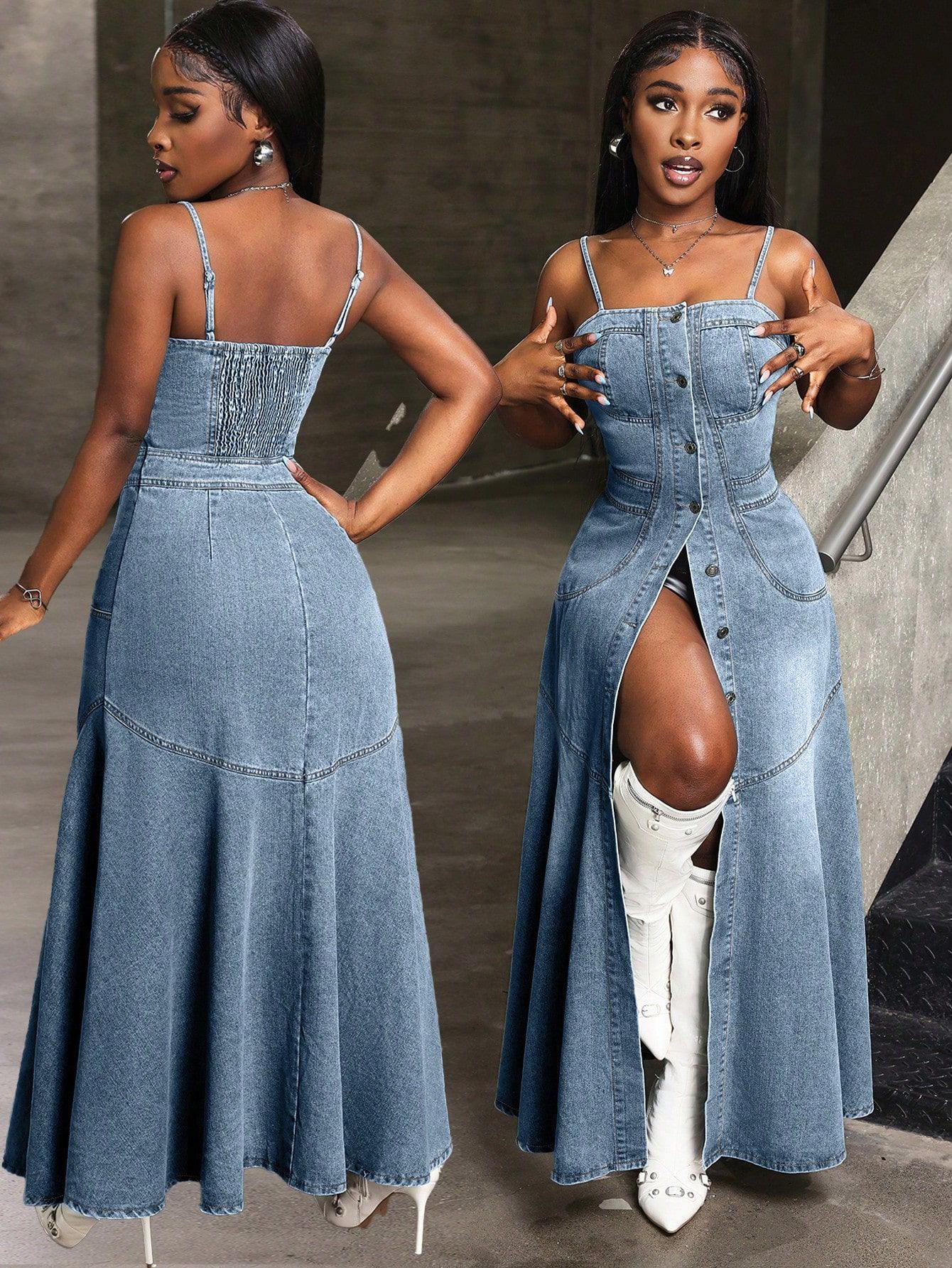 15811 Fashionable MidLength SingleBreasted Denim Dress with Straps 240402