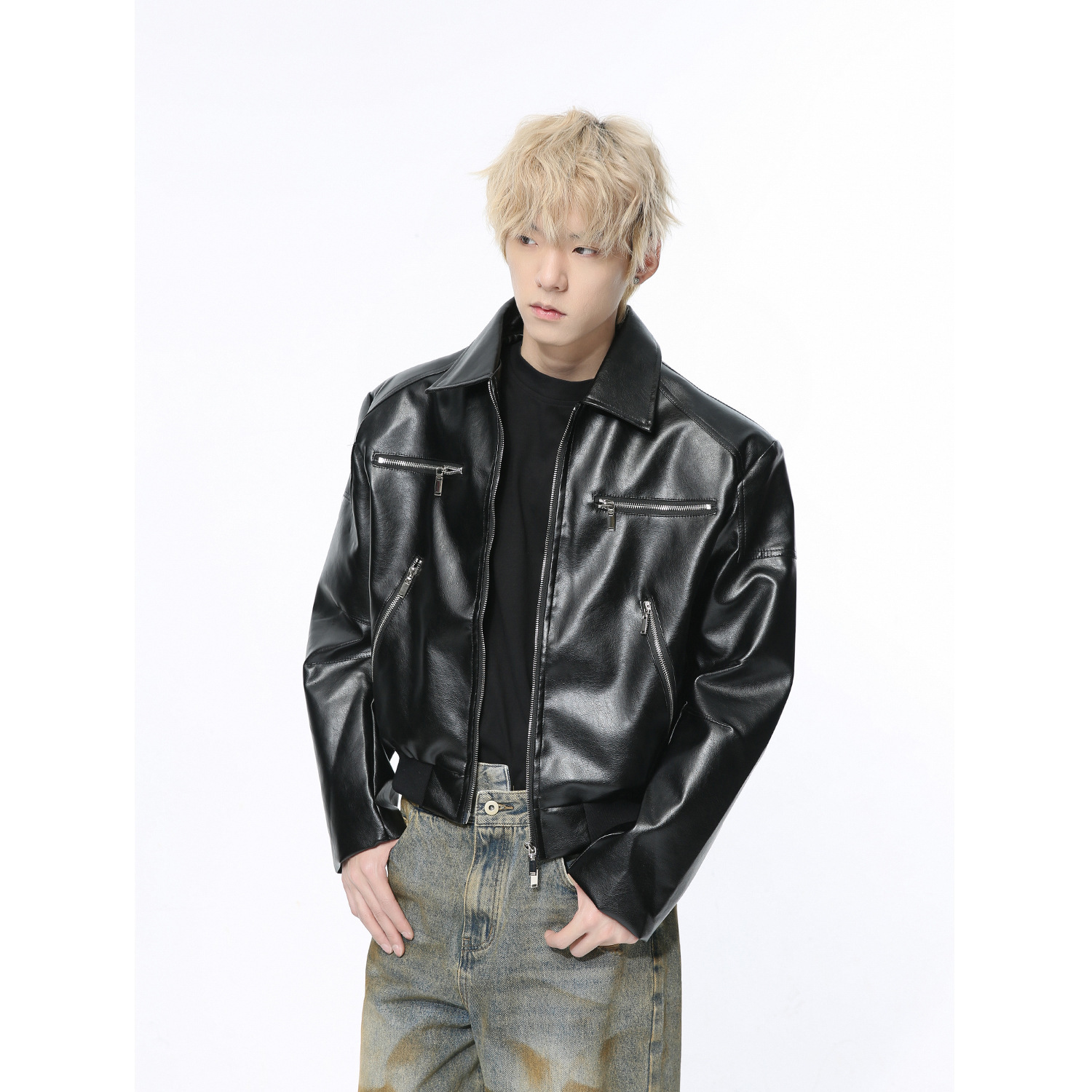 American Vintage Zipper Short Red PU Leather Jacket For Men High Street Casual Lapel Loose Oversized Coat Male 12C1776 241122