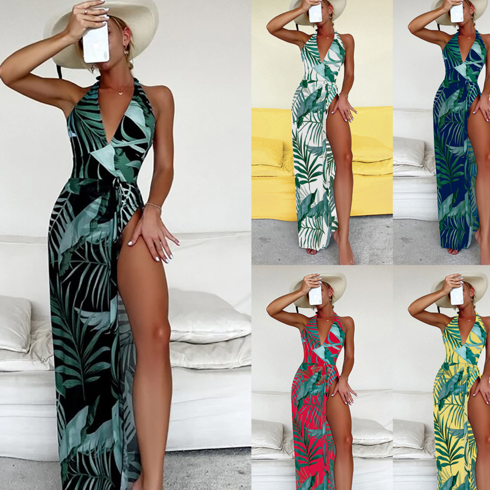 Tropical Printed Summer Beach Dress Halter V Neck Backless Party Dress 210702