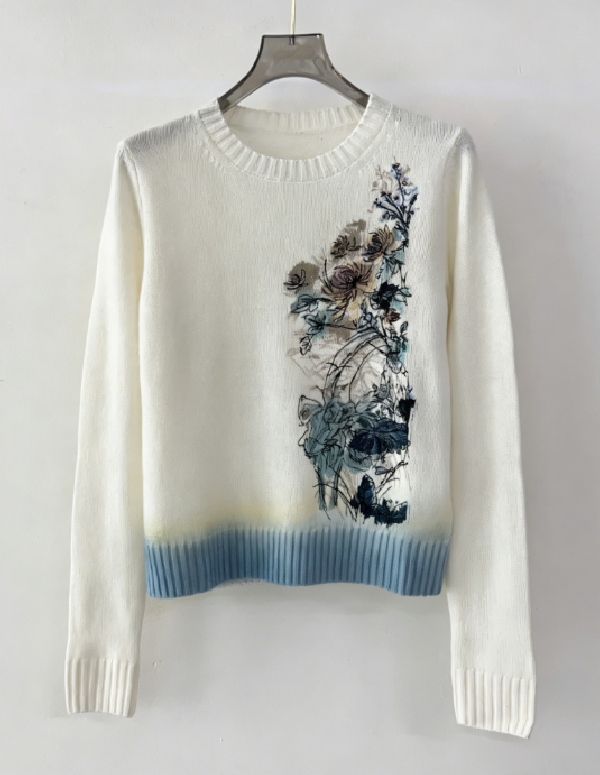 Women's Sweaters Gradient Patchwork Embroidery Floral Knitted Pullover Women Autumn O-neck Long Sleeve Cashmere Soft Sweater Pull
