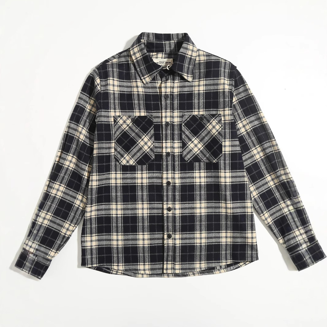 American Plaid Shirt Trendy American Style Thickened Double Pocket Workwear Long Sleeve Shirt for Men 210410