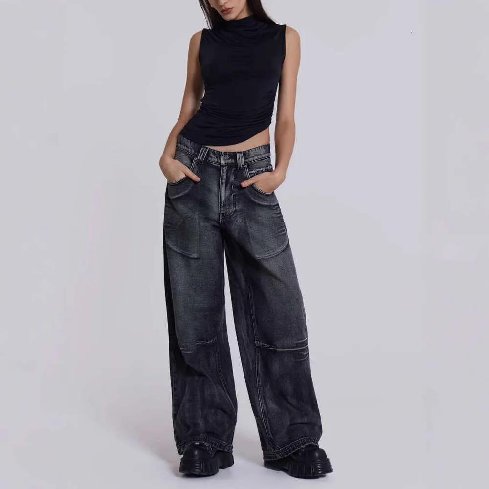 Women's Wear Angel Wings Print Gradient Jeans For Women Y2k Trendy Washed Wide-Leg Floor-Length Pants WONST