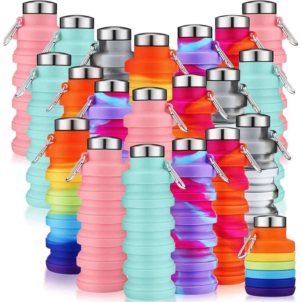 20 Pack Foldable Silicone Water Bottles 17oz Leakproof Reusable with Clip for Travel Hiking Outdoor Sports Z260202