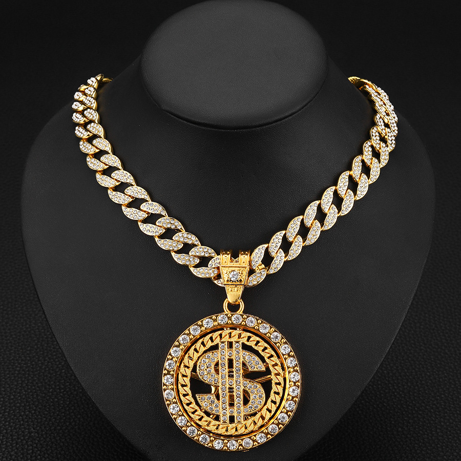 Pendant Necklaces Men Hip hop Iced out Bling Rotatable Dollar Pendant Necklace 13mm crystal Cuban Chain Hiphop Necklaces fashion Charm jewelry 230815