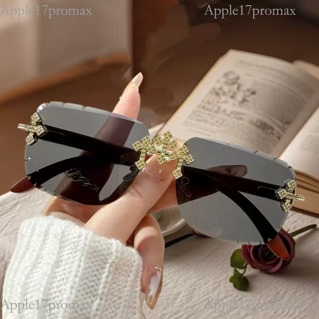 Luxurious Brand Designer Lady's Rimless Cut-edge Sunglasses Square Frame, High-end Feel Lace Decoration Diamond-encrusted Lenses Fashionable For 