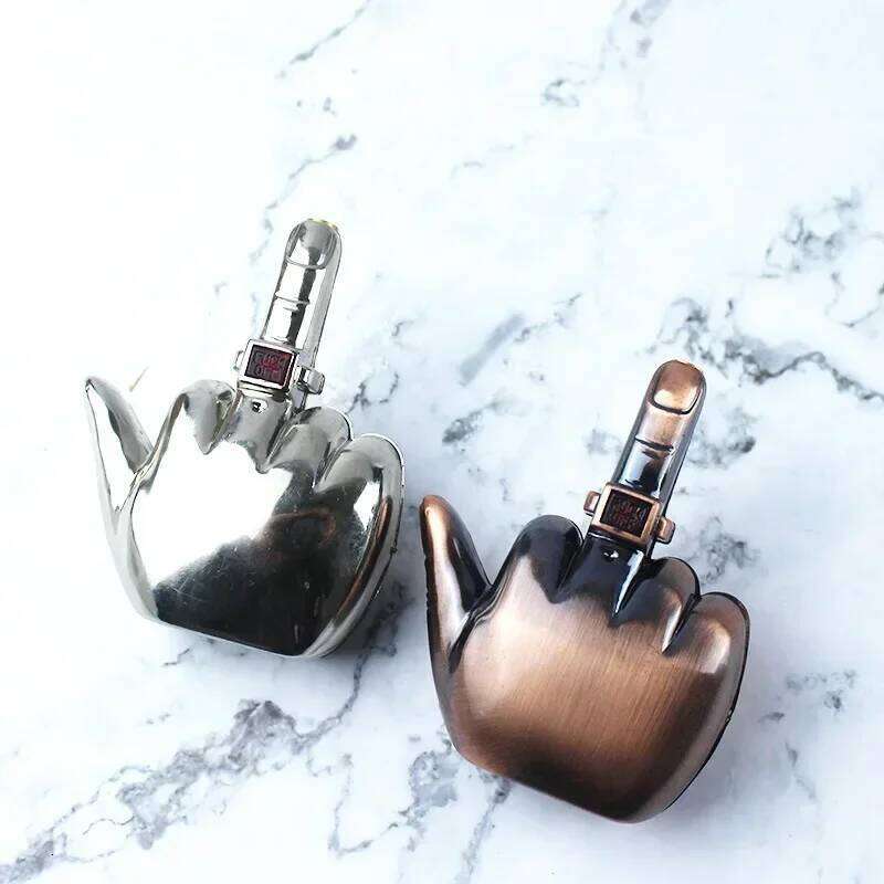 Middle Finger Inflatable Windproof Red Flame Jet Recycling Butane Gas Lighter with Sound Men's Gift W260202