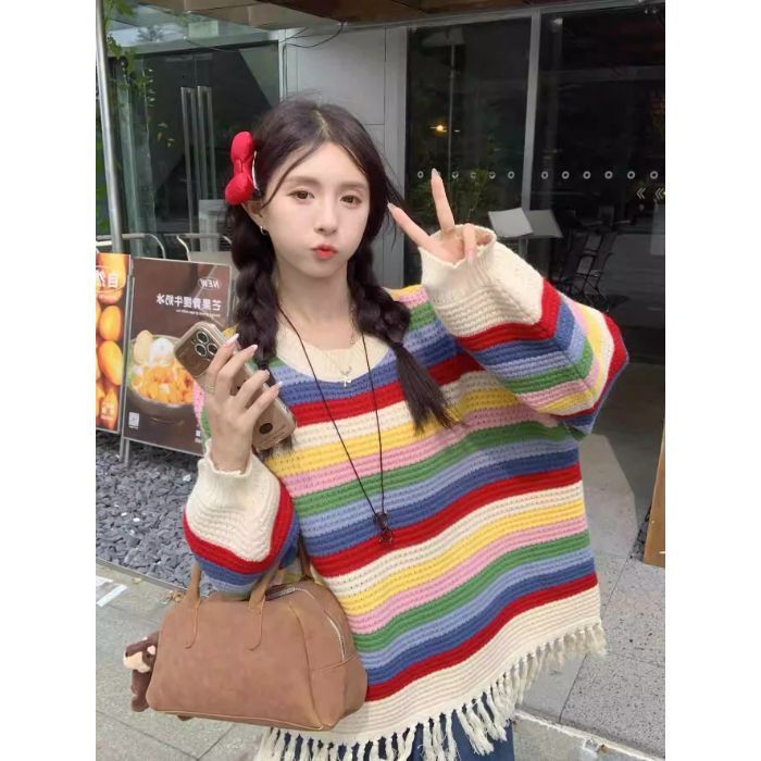 Tossy Tassel Contrast Holiday Sweater Pullovers For Women Loose Flared Sleeve Beach Boho Knit Female Cover up Pullover Crop top 240808