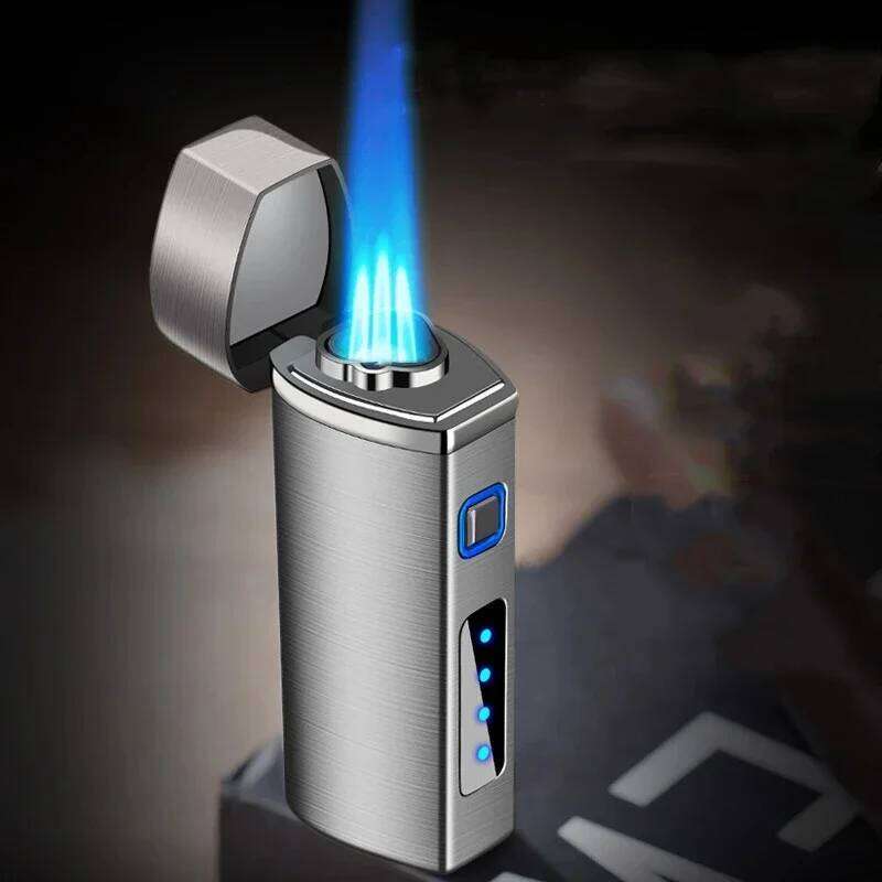 New Touch Sensing Metal Outdoor Windproof Electric USB Turbo Three Torch Blue Flame Gas Lighter Cigar Tool Men's Gifts W260202