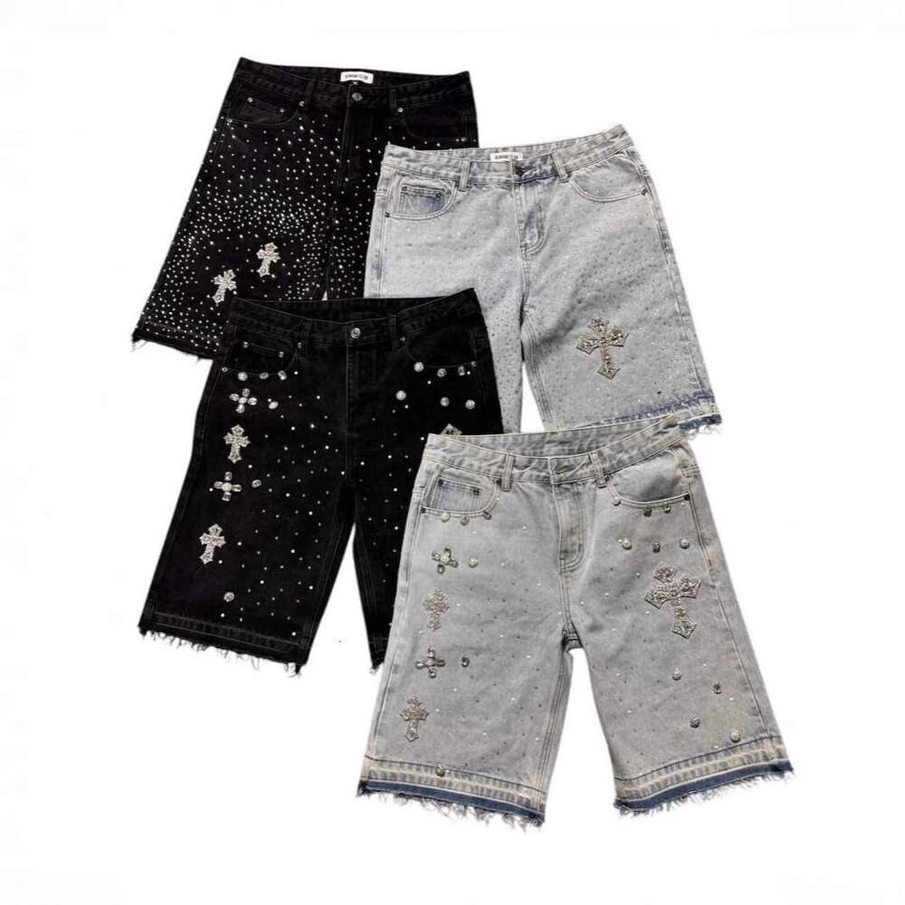 European And American High Street Rhinestone Washed For Men 2025 New Hip-Hop Cross Five-Point Denim Shorts Trend