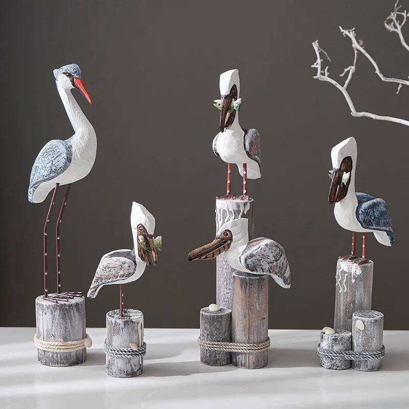 Wooden Seagull Nautical Beach Figurine Ornaments Mediterranean Style Handicrafts Decoration for Bedroom Living Room Garden Y260202