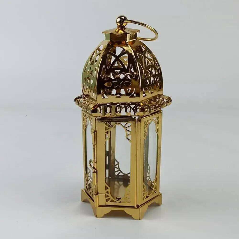 Gold European Castle Candlestick Vintage Hanging Holder Moroccan Glass Candle Lantern Wedding Home Decor Ornaments Y260131