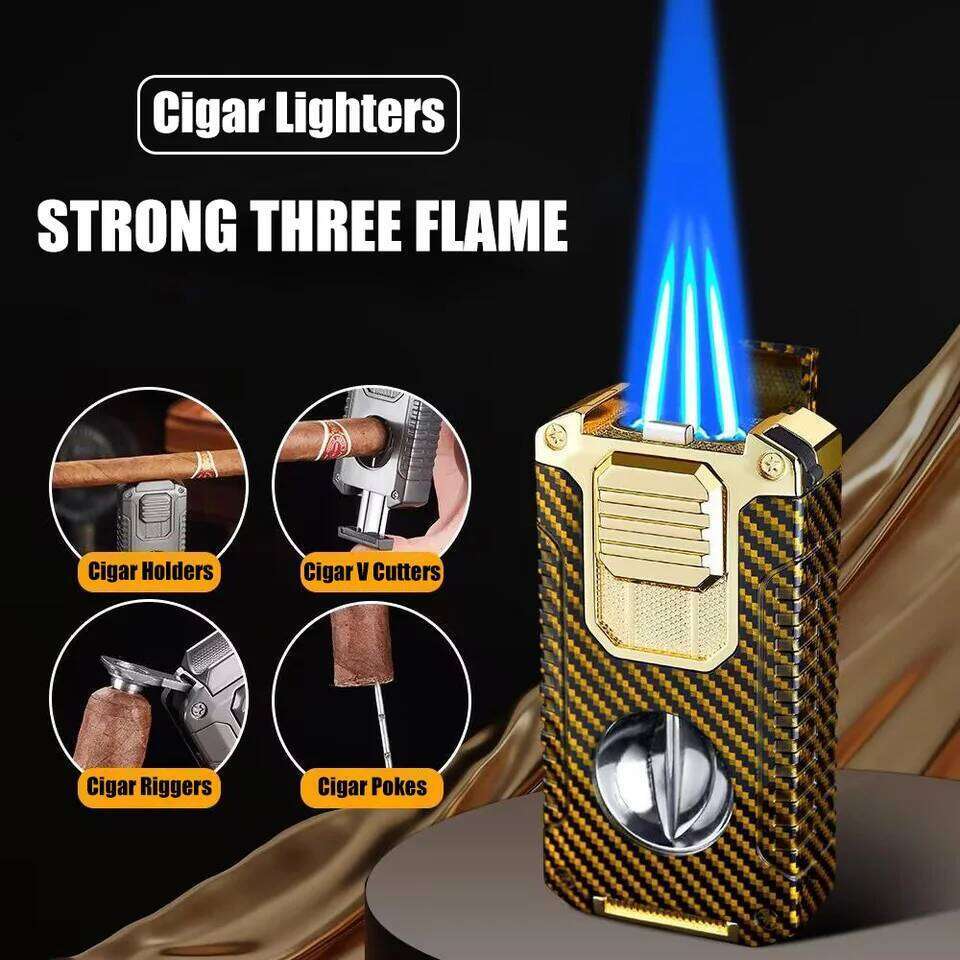Strong Three Flame Lighter Multi-function V-shaped Cutter Bottom Drill Cigar Thru Needle Visual Gas Window W260202
