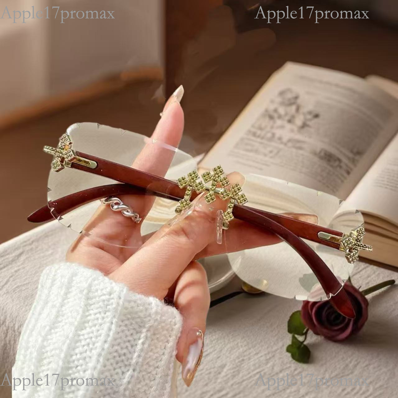 Luxurious Brand Designer Lady's Rimless Cut-edge Sunglasses Square Frame, High-end Feel Lace Decoration Diamond-encrusted Lenses Fashionable For 