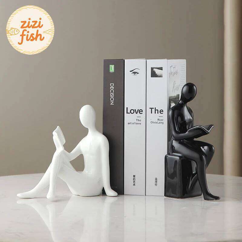 Reader Character Ceramic Statue 2pcs Library Bookshelves Bookend Creative Crafts Ornament Figures Sculpture Room Aesthetic Decor Y260202