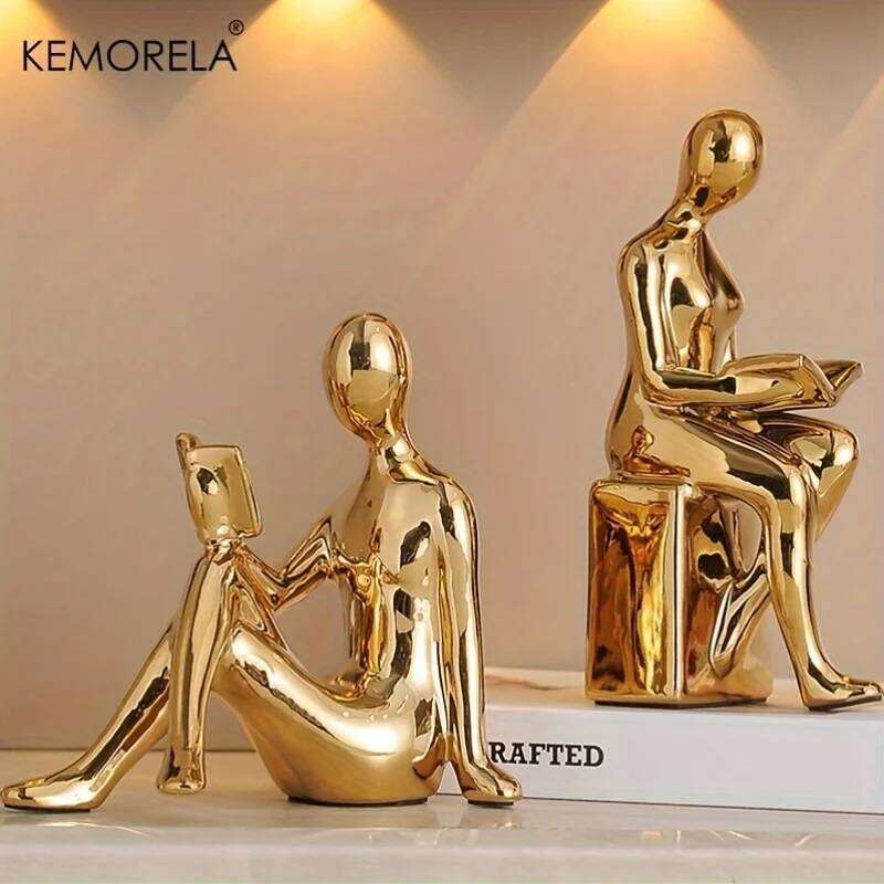 KEMORELA 2PCS Ceramic Material Statue of Person Reading a Book Home TV Wine Cabinet Office Decorations Living Room Decoration Y260202