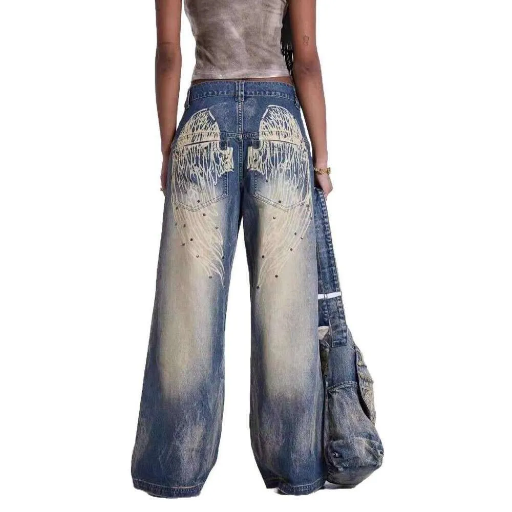 Women's Wear Angel Wings Print Gradient Jeans For Women Y2k Trendy Washed Wide-Leg Floor-Length Pants WONST