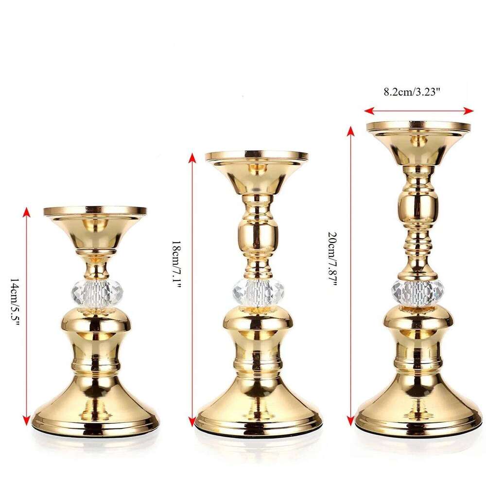 Set of 3 Sizes Gold Candlestick Vintage Holders Elegant Metal Crystal Pillar Candle Stands Y260131